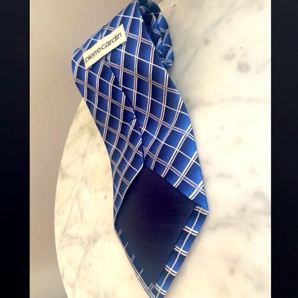 PIERRE CARDIN Multiple Blue Diaganol Striped Checkered 100% Silk Tie - Picture 9 of 11